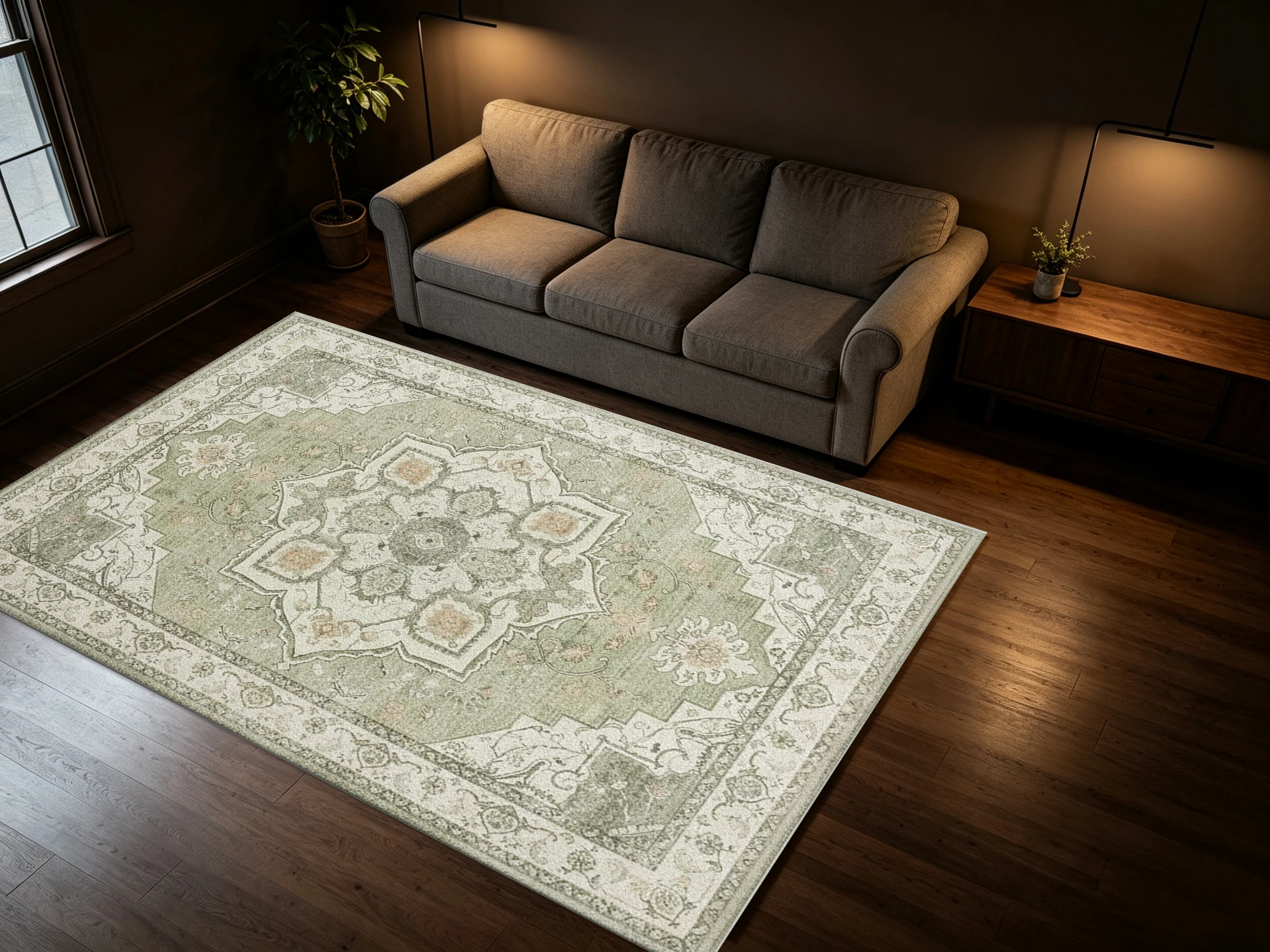 Vintage Persian Medallion Area Rug, Green Boho Floral Carpet Flooring Non Shedding Floor Rug for Home