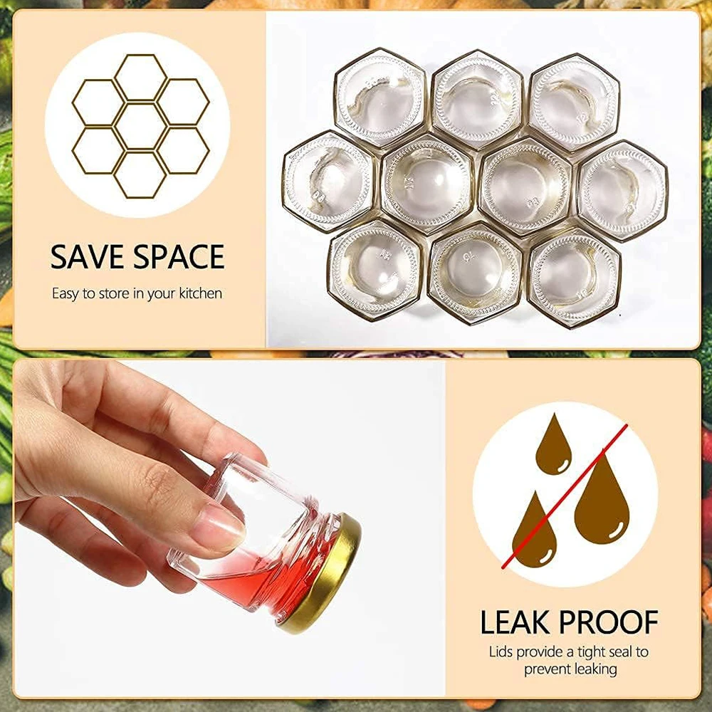 1.5 oz Hexagon Glass Jars with Golden Lids.24 Pack Mini Canning Jars Containers for Spice Jam,Jelly, Wedding Favors, Honey