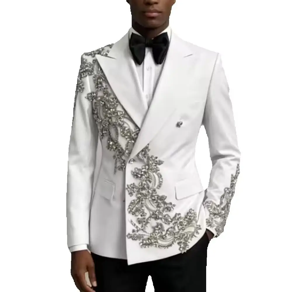 Exquisite Wedding Suit For Man Diamond Beaded Jacket Pants Customized Double Breasted Groom Tuxedo 2 Pieces  Celebration Events