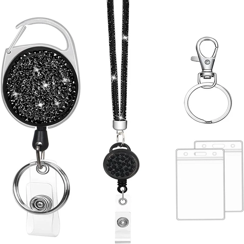 2Pack Rhinestone Retractable Badge Reel Lanyards ID Card Holder Set Bling Crystal Mesh Neck Lanyard Keychain for Students Doctor