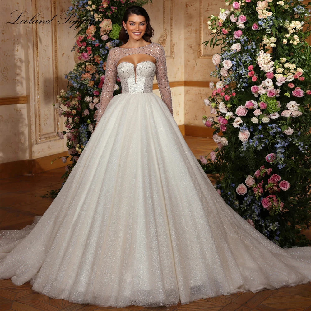 Lceland Poppy Ball Gown Strapless Tulle Wedding Dresses Floor Length Beaded Bridal Gowns with Removable Jacket