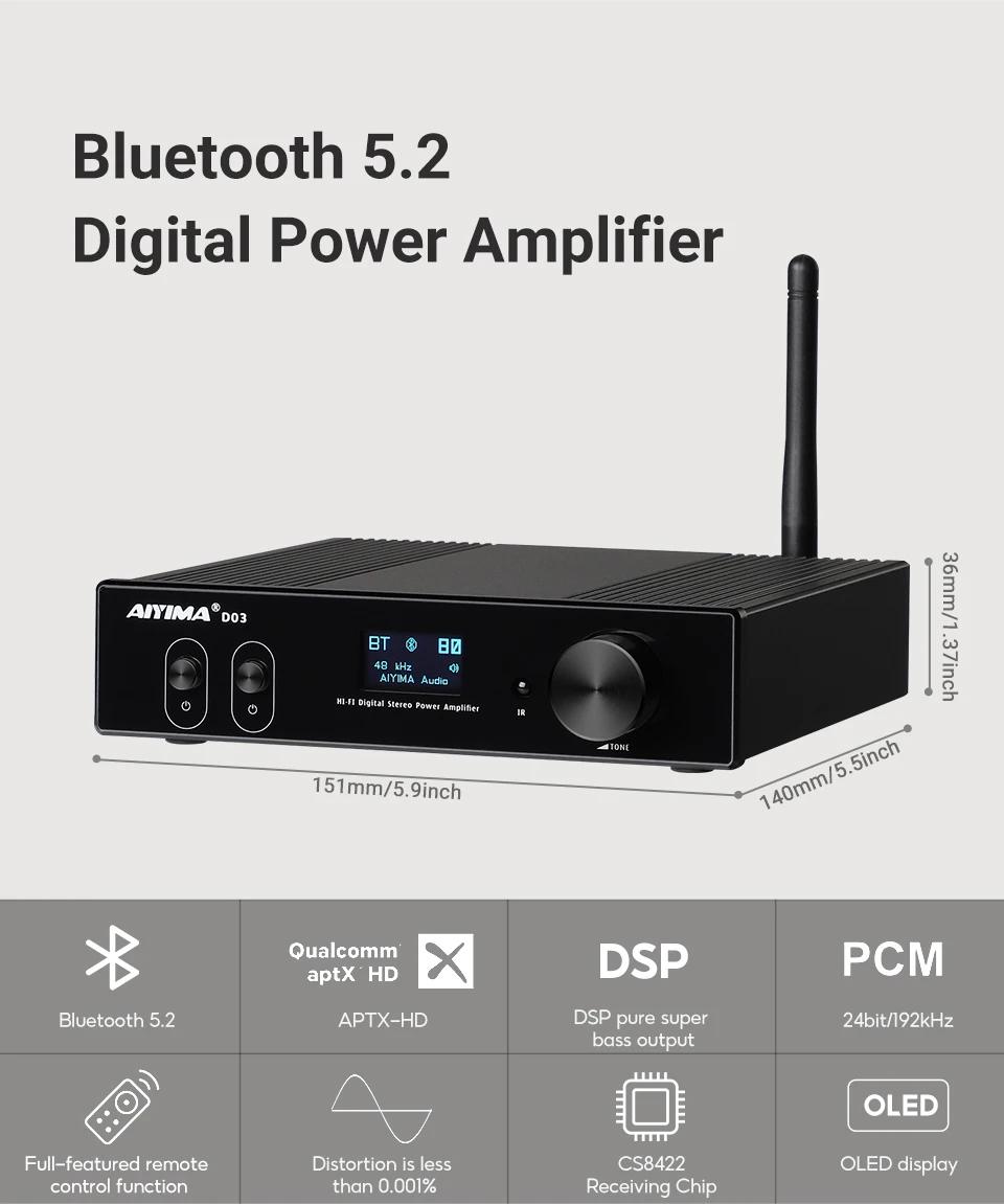 AIYIMA Áudio D03 Bluetooth 5.0 Amplificador 150Wx2 Stereo HiFi 2.1