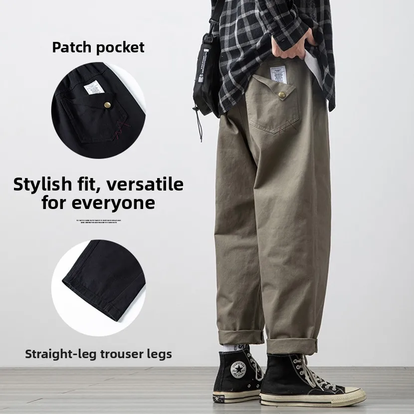 

Trendy Men's Workwear Pants Loose Straight Casual Autumn Thin Multi-Functional Simple Sle Youthful Vitali Bla ey White