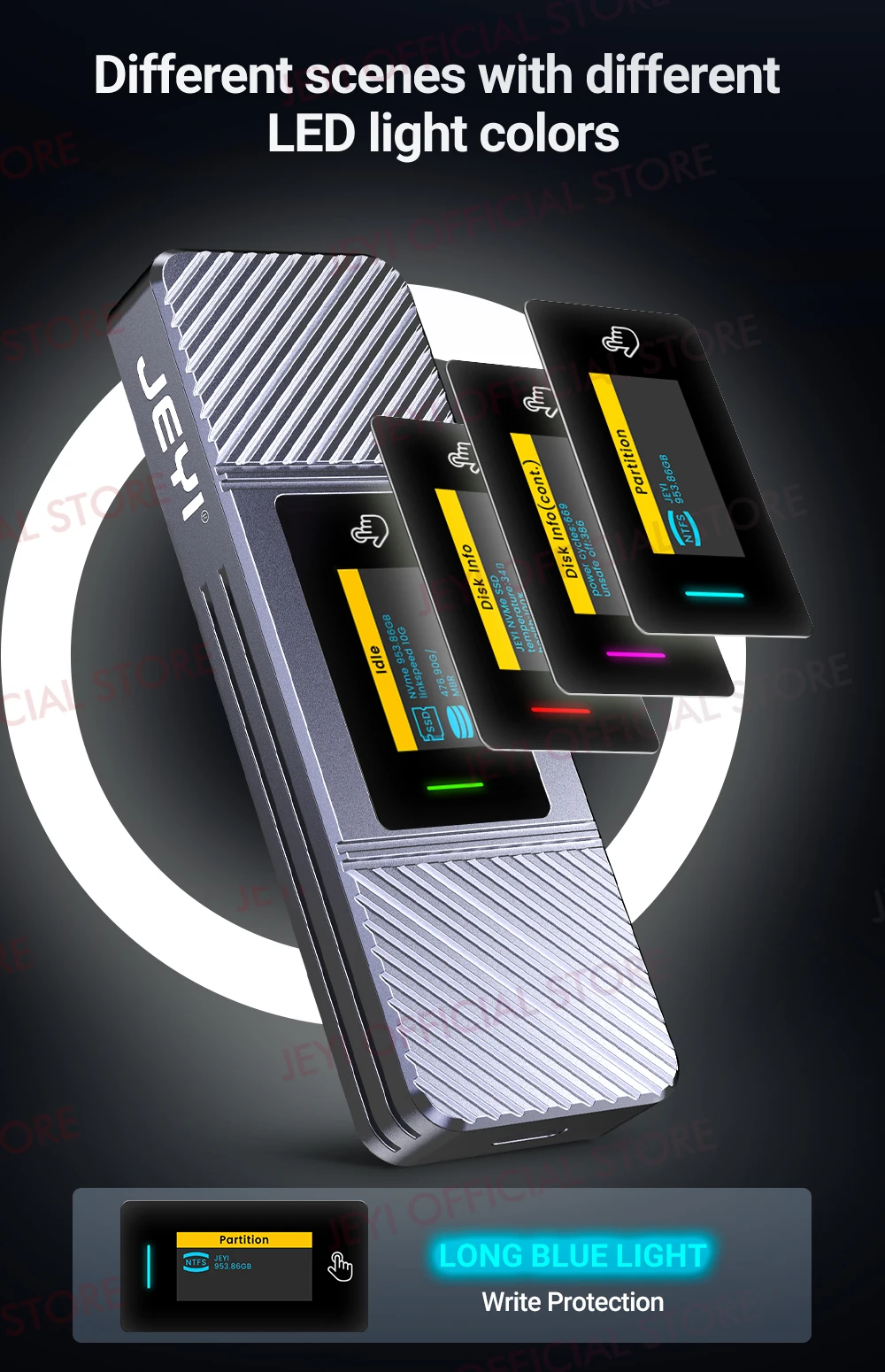 JEYI Visual Smart M.2 NVMe NGFF SSD-Gehäuse, unterstützt 5s-Schreibschutz, 3s Re-connect, USB 3.2 Gen2 10 Gbit/s, UASP-Trimmung – Detail 3