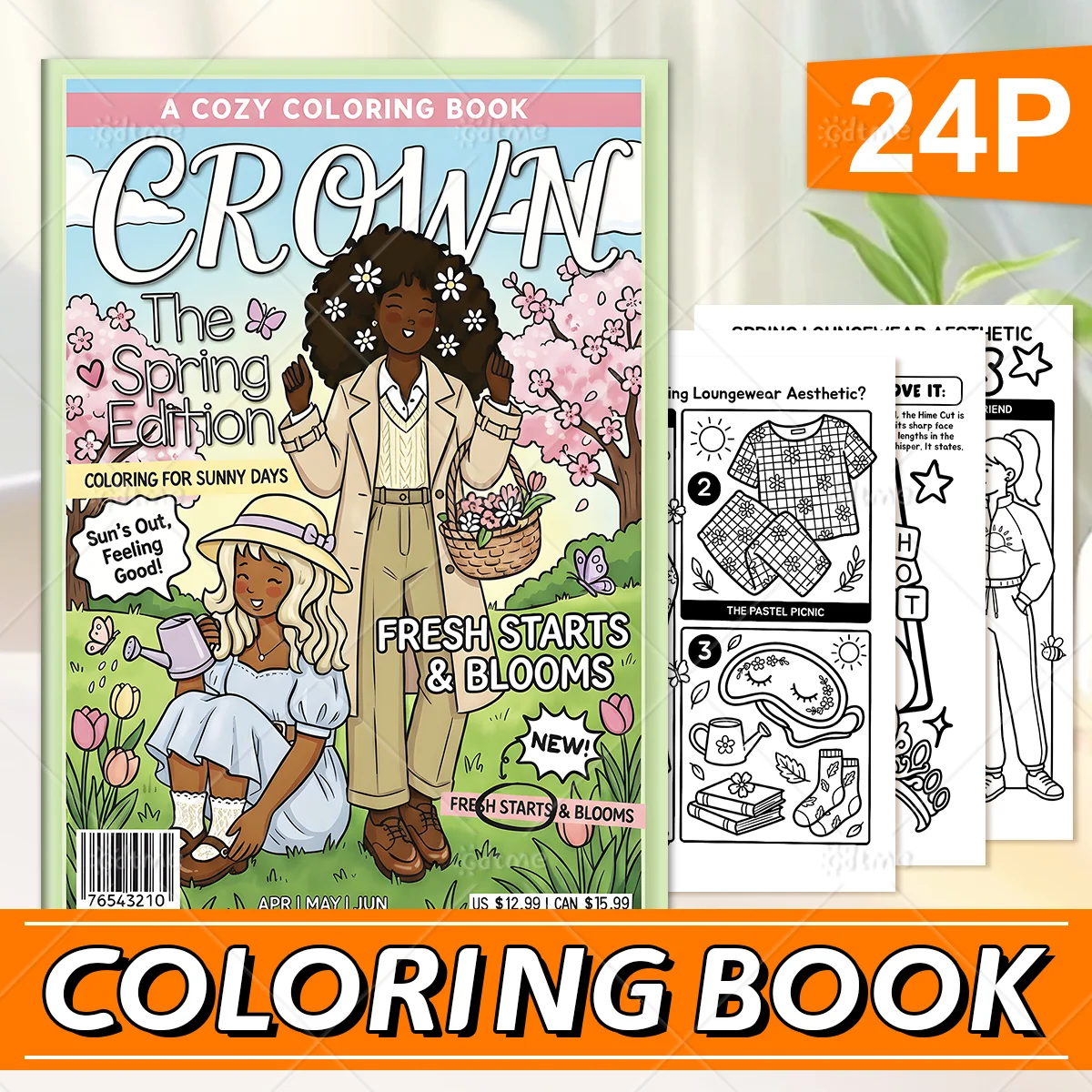 Malbuch im Spring Black Girl Magazine-Stil für Erwachsene mit niedlichen, gemütlichen täglichen Aktivitäten zur Entspannung und zum Ausmalen von gemütlichen Räumen