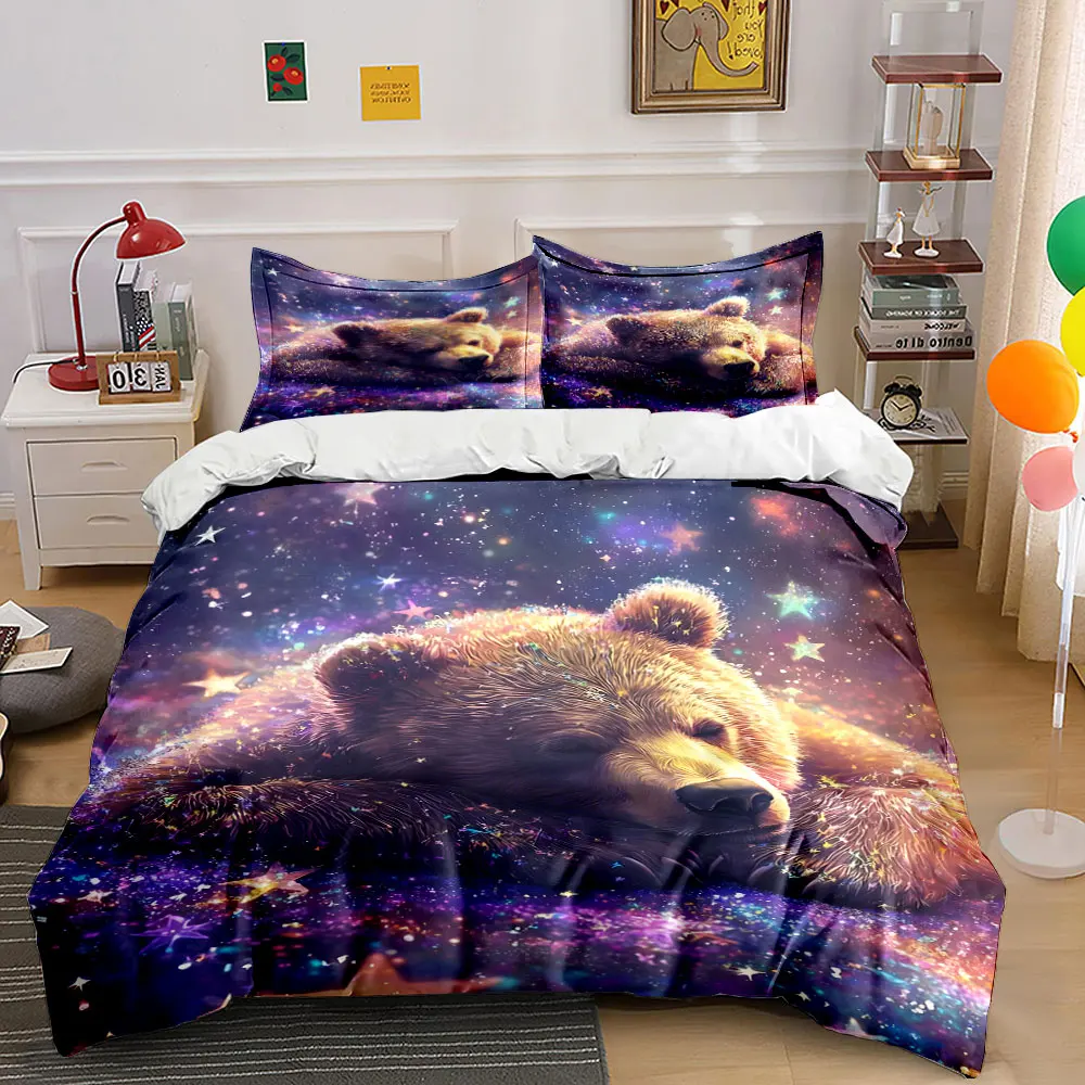 Sleeping Bear in Dreamy Starry Sky Printed Duvet Cover Set 1 Duvet Cover+2 Pillowcase Multi Size Bedroom Bedding Decoration