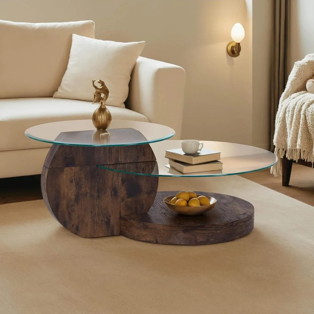 

Round Glass Coffee Table with Storage, 42 Modern Center Table for Living Room, Small Circle Coffee Table for Small Spaces