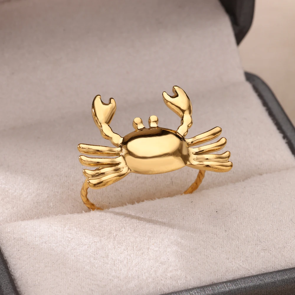 Stainless Steel Crab Rings for Women Gold Color Cute Animal Open Adjustable Ring Aesthetic Fashion Waterproof Jewelry Gift