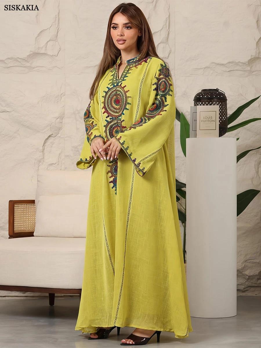 Siskakia Embroidery Dubai Abaya For Muslim Woman Notched Stand Collar Elegant Casual Loose Moroccan Saudi Kaftan Fashion Kebaya