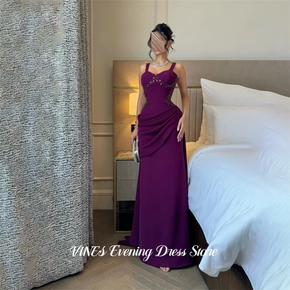 

VINES Plum Purple Prom Dress Sleeveless Fitted Formal Dress Draped Satin Party Dresses with Crystal Beaded for Women Customized