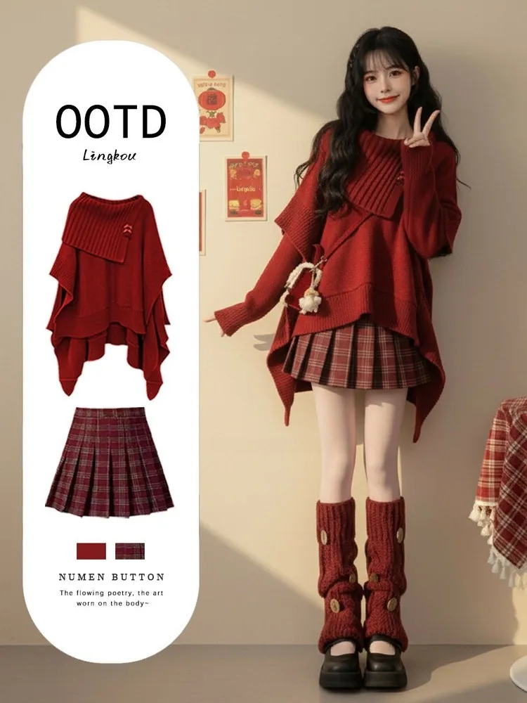 

Большой размер, осенне-зимний комплект Aosphere, женский утягивающий свободный красный свитер с новогодней клетчатой юбкой, комплект из двух предметов с высокой талией