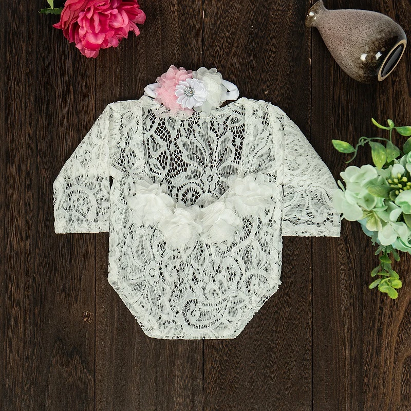 Chiffon Lace Photography Climbing Suit Baby Costume Photography Props Lace Romper Headband Shooting Girl Accessories Newborn