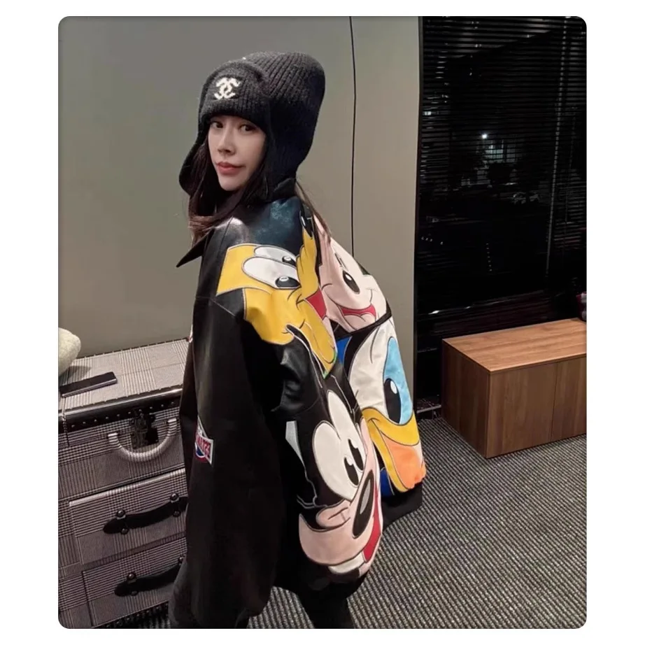 

2026 New Cross Border Unisex Faux Leather Varsity Jacket Cartoon Letter Embroidery Motorcycle Bomber Jacket for Men Women