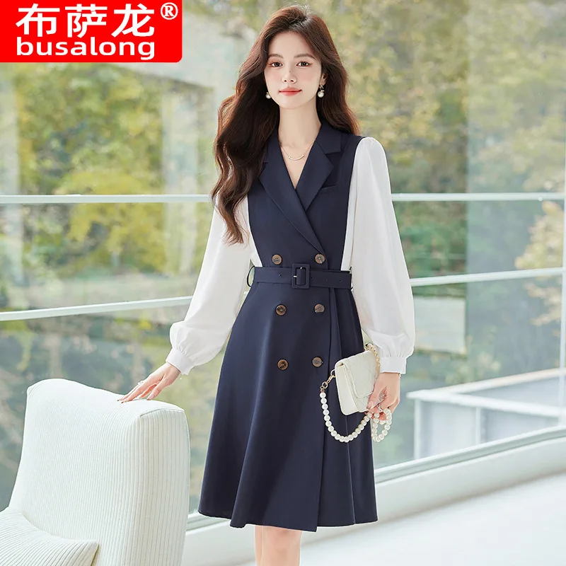 Khaki Suit Dress for Women2023Autumn New High-End Elegant Professional Outfit Fake Two-Piece Dress