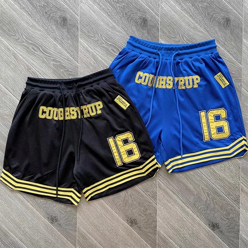 Pantalones cortos de baloncesto para hombre 16 COUGH SYRUP pantalones cortos deportivos sueltos de malla transpirable bordados
