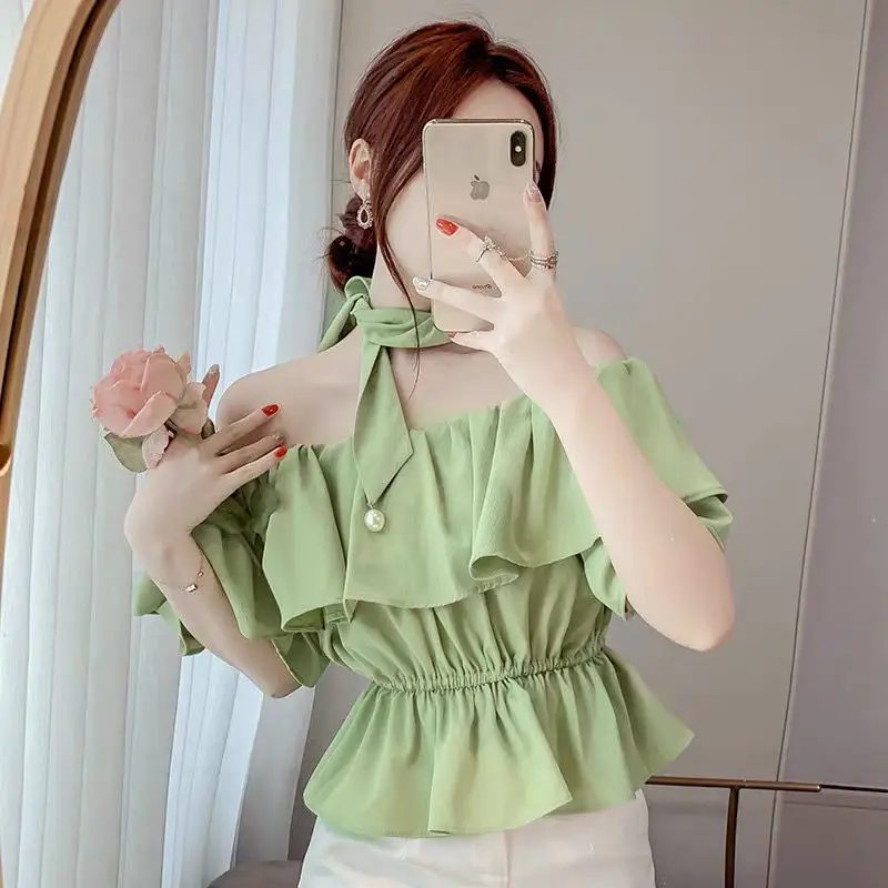 

Korea Blouses Femme Summer New One Word Shoulder Ruffled Lotus Leaf Sleeves Pleated Waist Thin Solid Chiffon Shirt Top Women