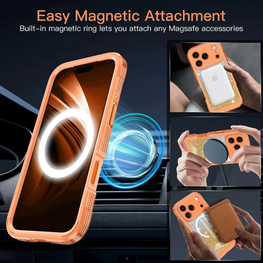 Orange Full Body Shockproof Protective Case for iPhone 17 Pro Max with Built-in Tempered Glass Screen Protector and Camera Lens