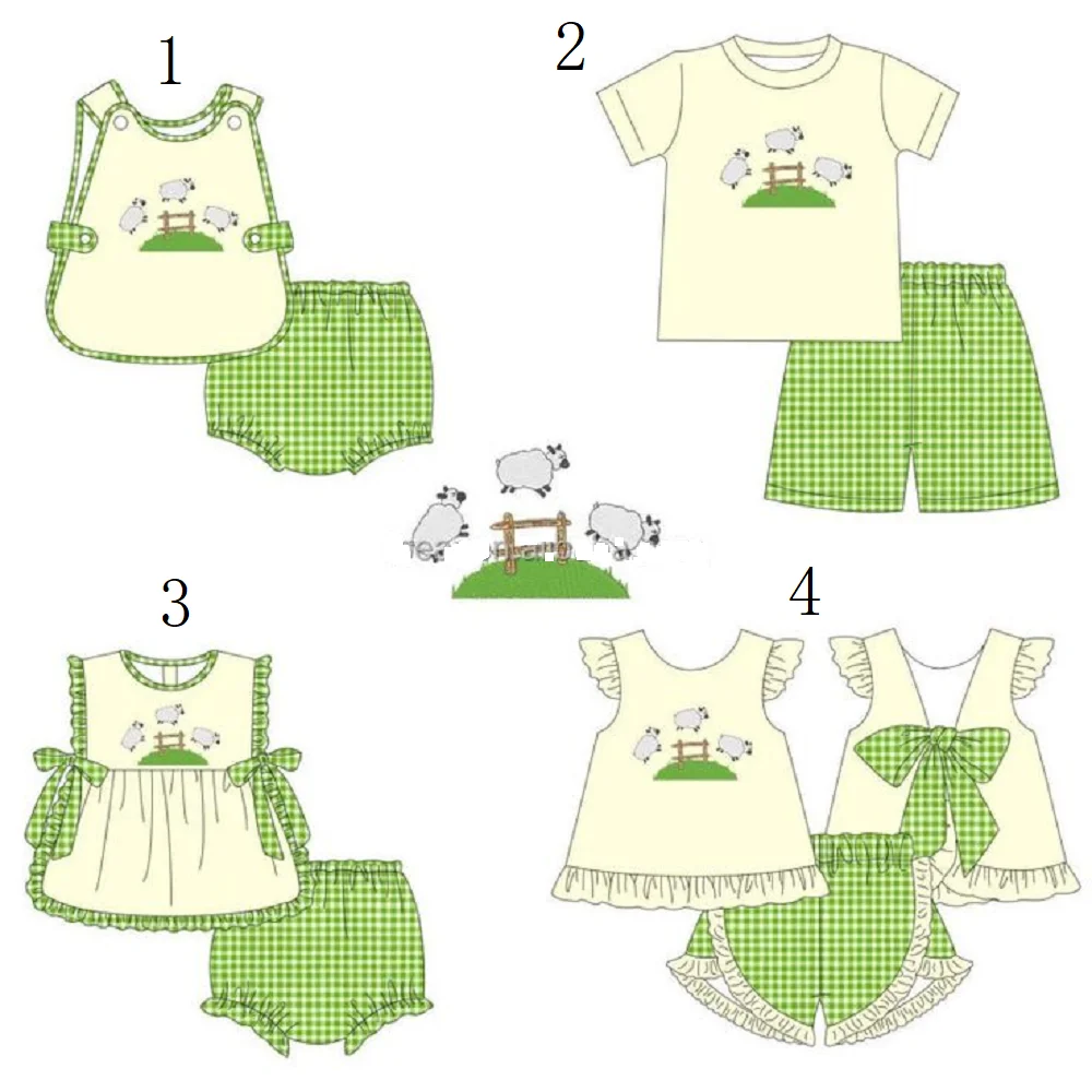 

Fashion boutique children's clothes yellow short-sleeved sheep pattern top shorts green plaid suit brother and sister outfit