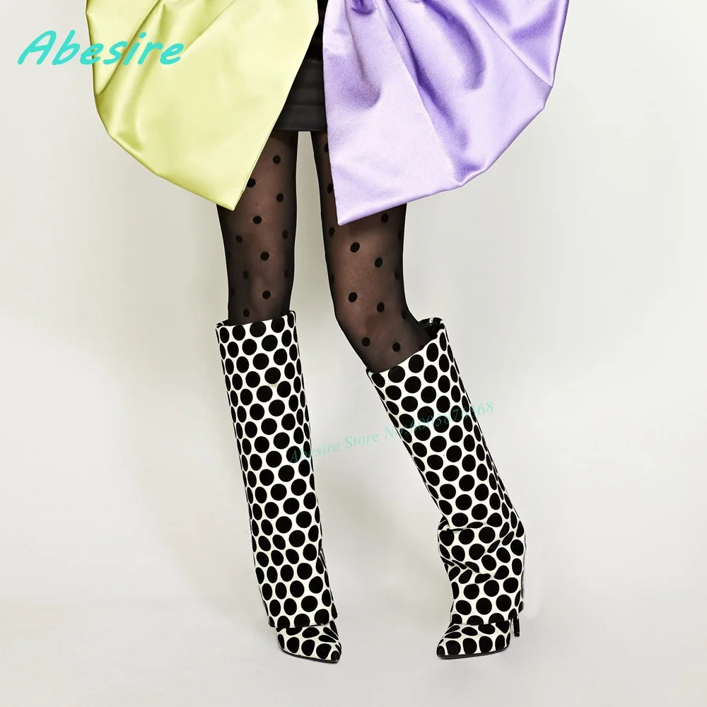 

Black and White Polka Dots Knee High Boots Pointed Toe Thin Heels Pleated Shoes for Women Retro Street Style Mixed-Color Shoes
