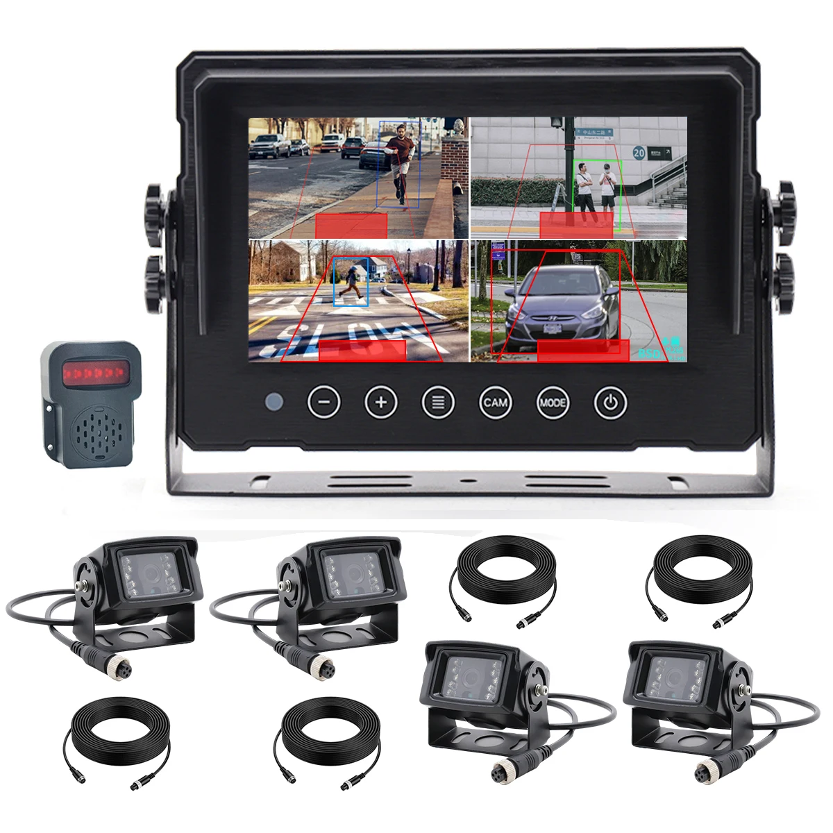YWX BSD AI  for Truck Forklift Boat 7in IPS Screen Quad Split Monitor with 4 X1080p Rear View Front View Truck Camera System