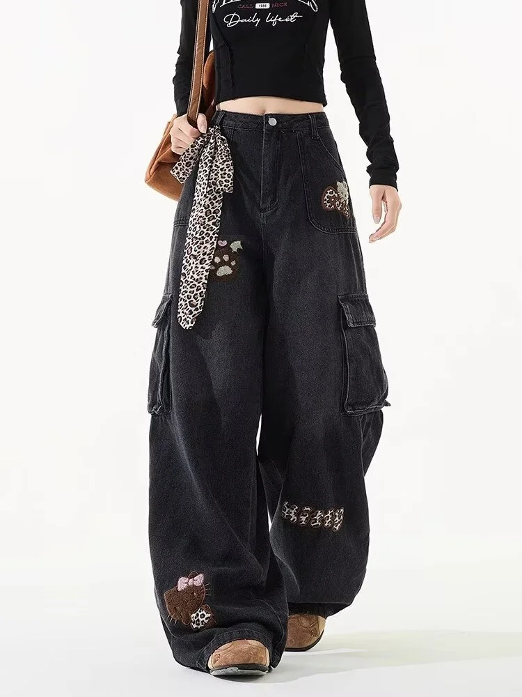 Celana Jeans Cargo Wanita Model Baggy Patchwork Leopard Cyber Y2K 2025, Celana Panjang Katun Hitam Dicuci