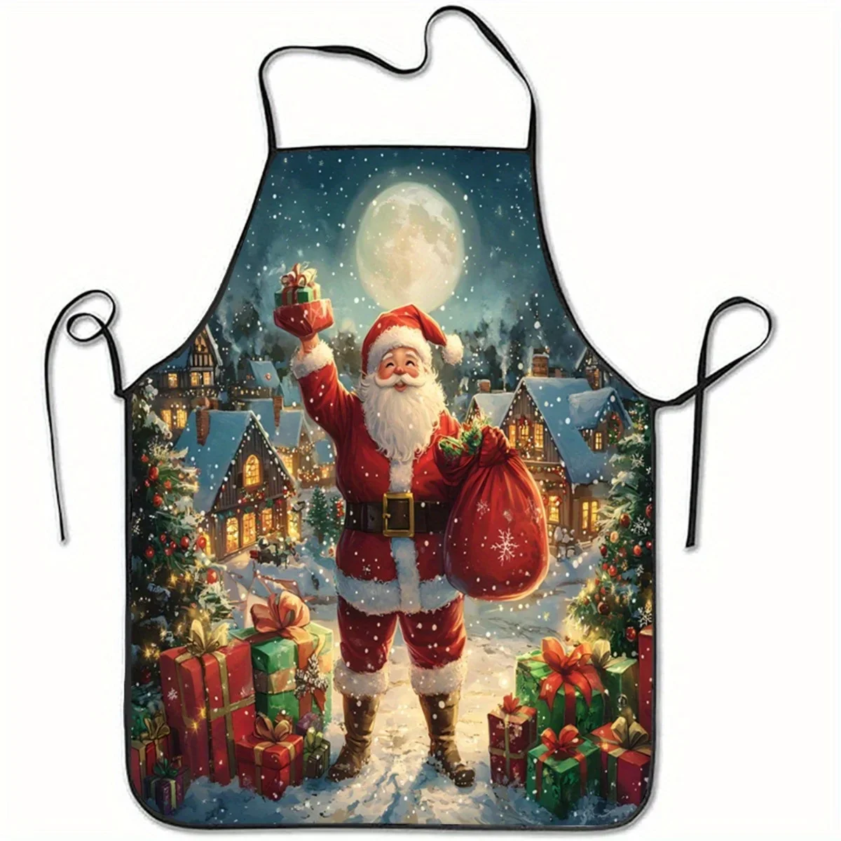 1pc Super Festive Christmas Apron! Santa Claus Snow Village Design with Moon Surrounding House, Perfect for Baking