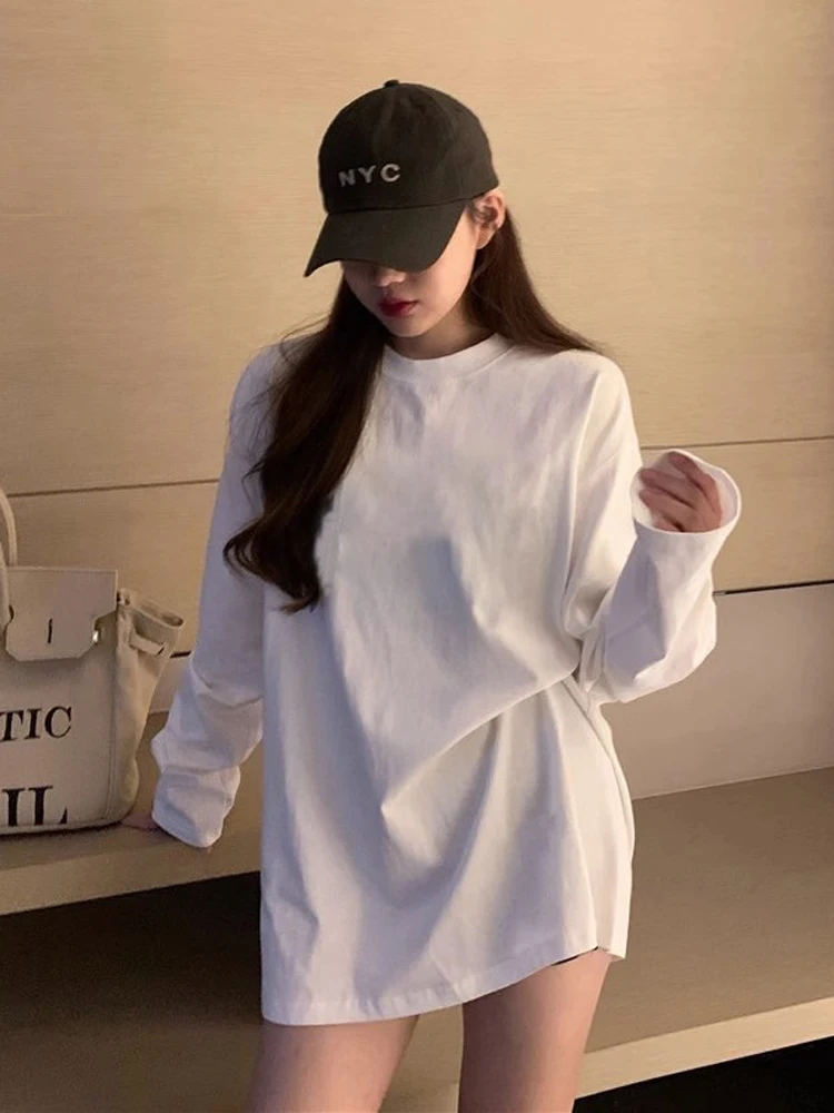 T-shirt bianca lunga ampia Sve Strato base in puro cotone irt Autunno Inverno Donna Faion Casual Stampa rotonda Ne Top