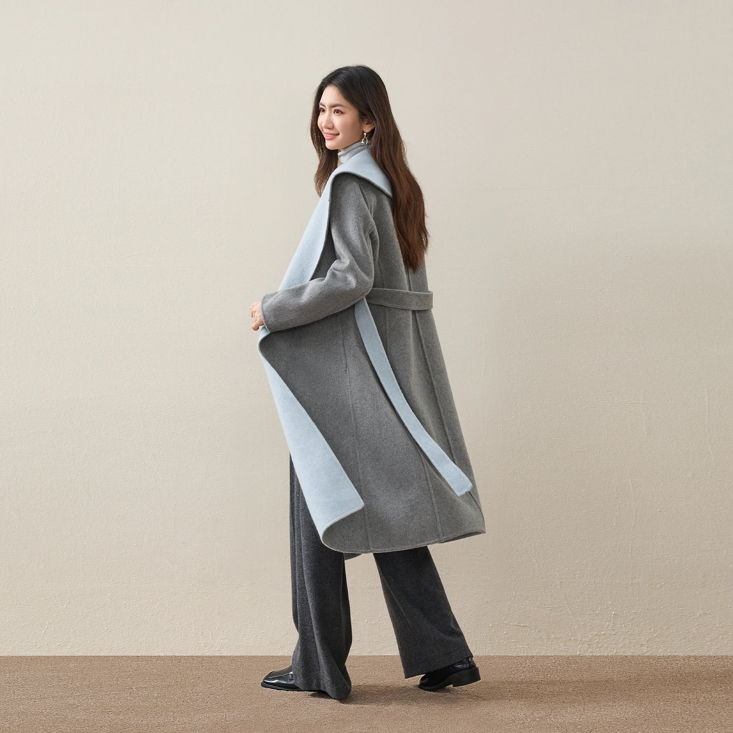 SENTUBILA Double‑Faced Wool Coat Women 2026 Winter Cashmere Blend Belted Overcoat Elegant Warm Ladies Outerwear W64OC7627
