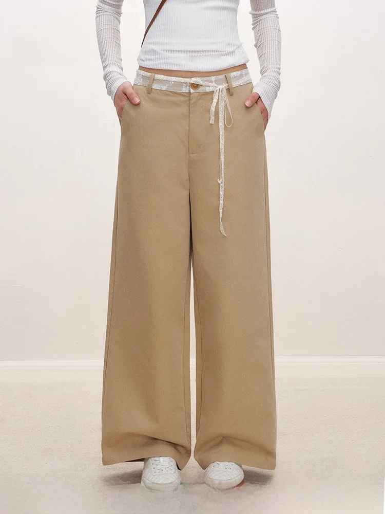 

Lii.Liilou Casual Pants with Lace Trim Belted Loose Feel Cotton Silk Straight Leg Pants Vintage Simple Style Women's Premium