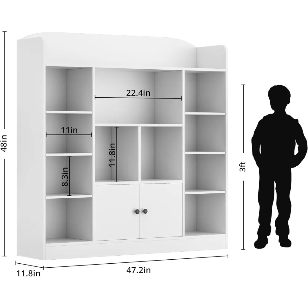 White Kids Bookshelf, Kids Bookcase with 11 Cubbies and 2 Cabinets, Freestanding Book Storage Shelves for Bedroom, Playroom image 2