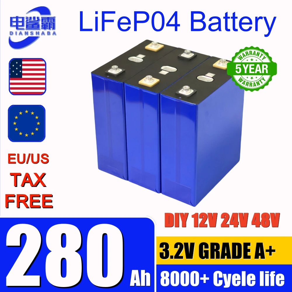 Brand New A-Grade LiFePO4 3.2V 280Ah 8000 cycle rechargeable battery suitable for DIY 12V 24V RV electric vehicle solar system