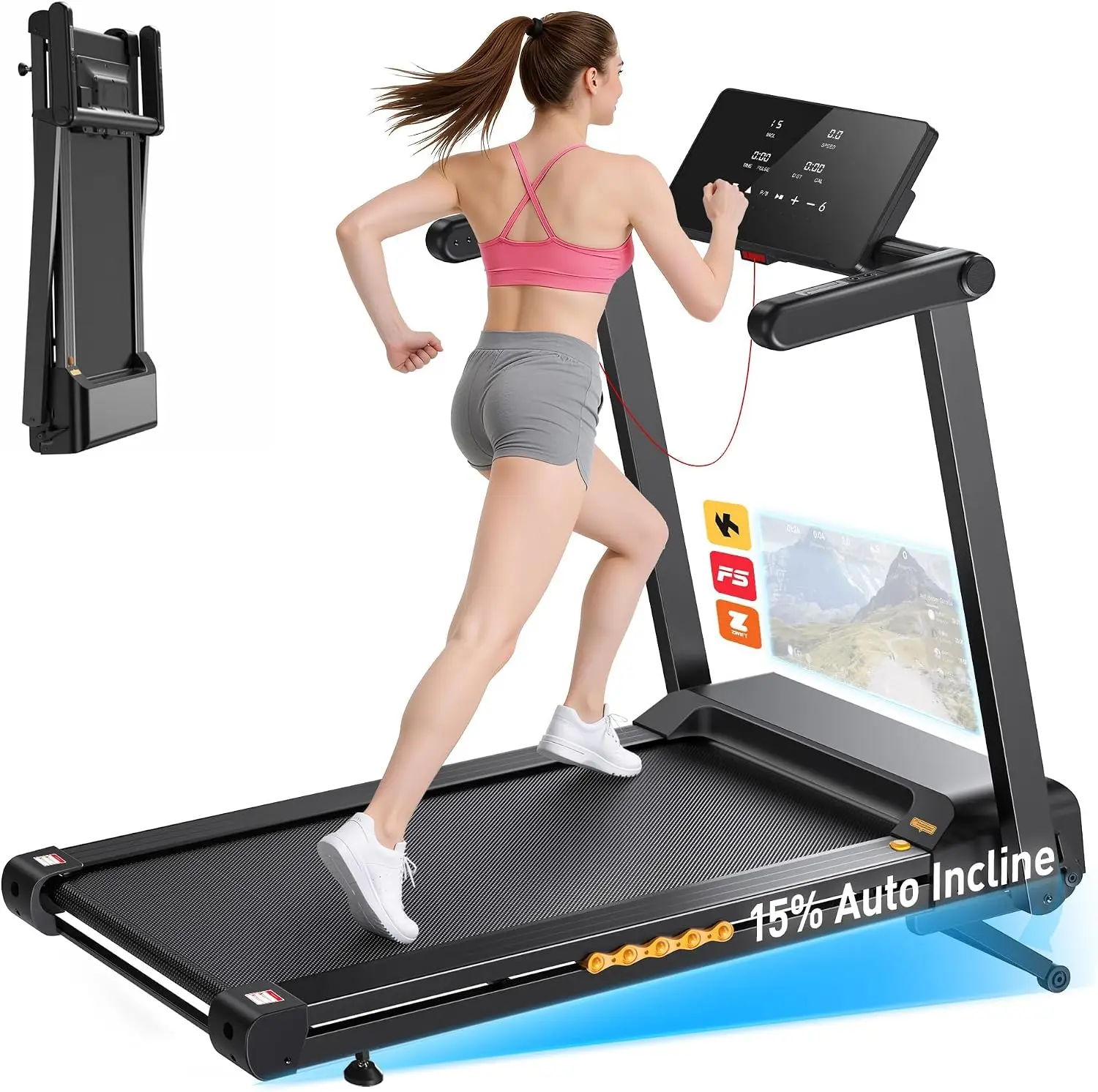 Foldable Treadmill with 15% Automatic Incline, 300 lb Weight Capacity, 8.8 MPH Top Speed, and Heart Rate Monitoring