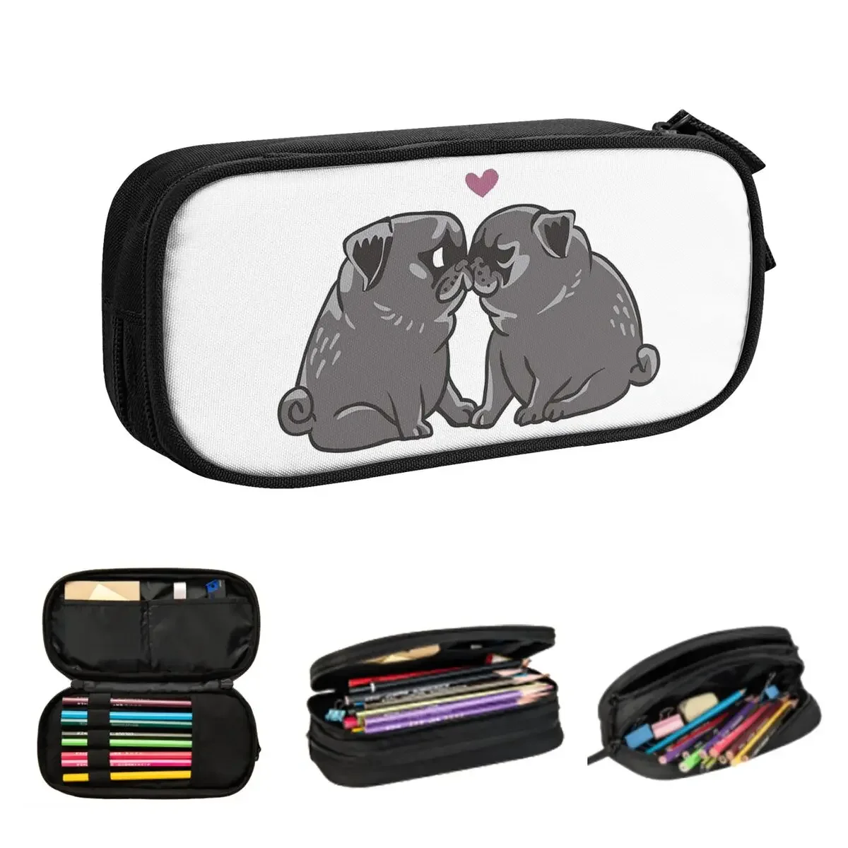 

Black Pug Kisses Pencil Cases Big Capacity Pen Bags Pen Box Pencil Pouch For Boys Girls Students Stationery School Office