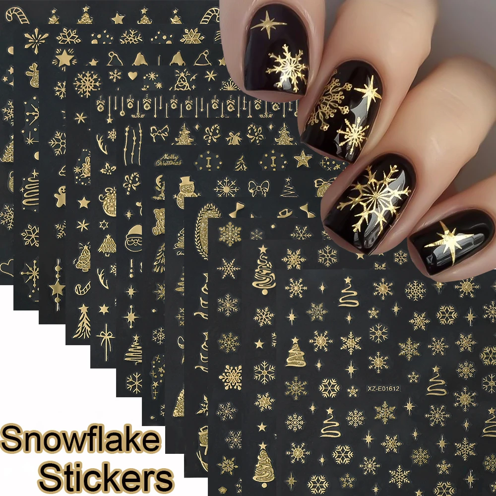 ﻿ 3D 블랙 골드 글리터 크리스마스 시리즈 네일 스티커 2025 신상 크리스마스 트리 오각별 뿔 디자인 네일 데칼 크리스마스 슬라이더 ﻿ ﻿