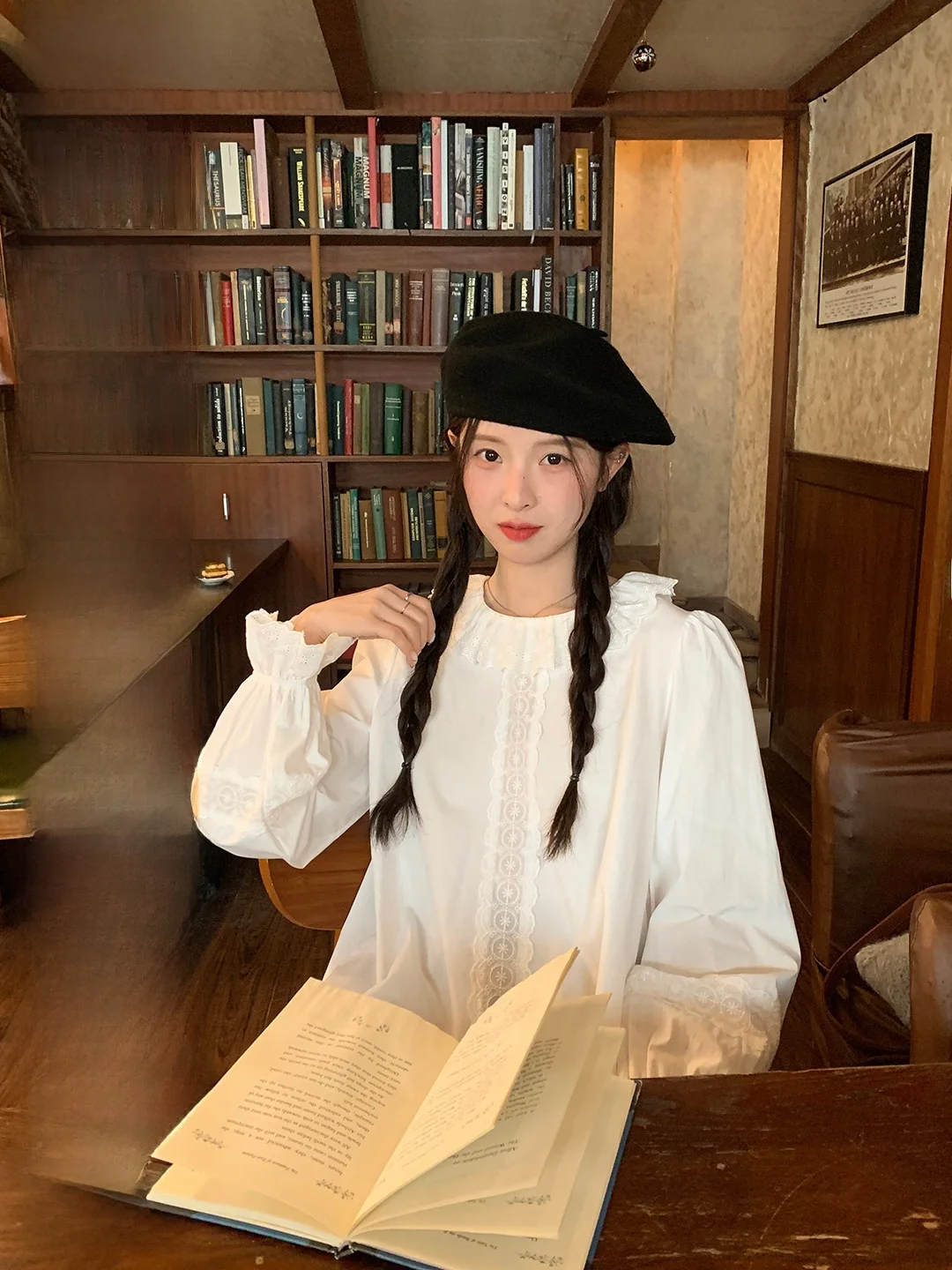 

Свободный длинный топ из хлопка с воротником-стойкой, кружевной отделкой и рукавами-фонариками, повседневный, дышащий, женский