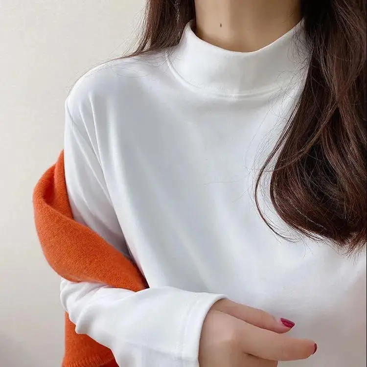 Autumn Winter Women's Base Layer Shirt Half High Collar Long Sleeve Double Faced Fleece Warm Pure Color Inner Wear Top