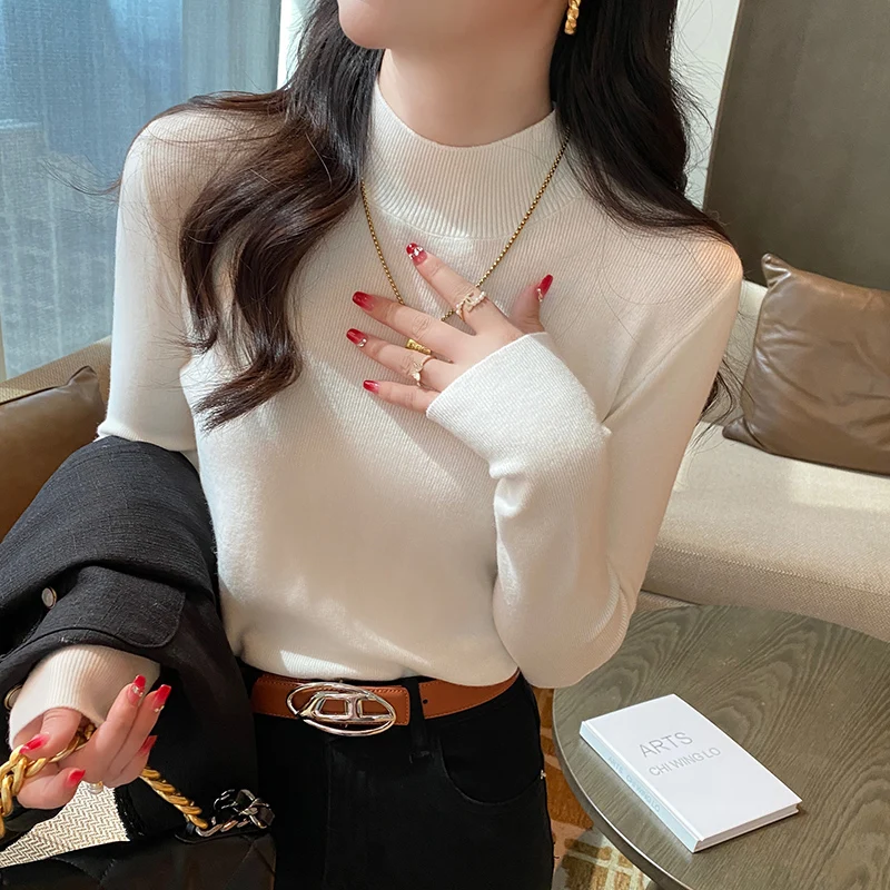 

Fashion Long Sleeve Knitted Sweater Women Pullovers Mock Neck White Black Knit Sweater Pullover Women Tops Sueter Feminino Q1316