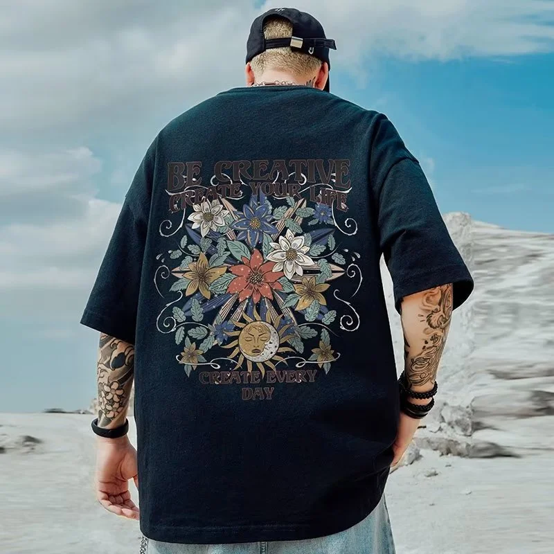 M-8XL Men's T-shirt Large Sun Moon Interwoven Flower Printed T-shirt Student Youth Simple Casual Top Couple's Wear