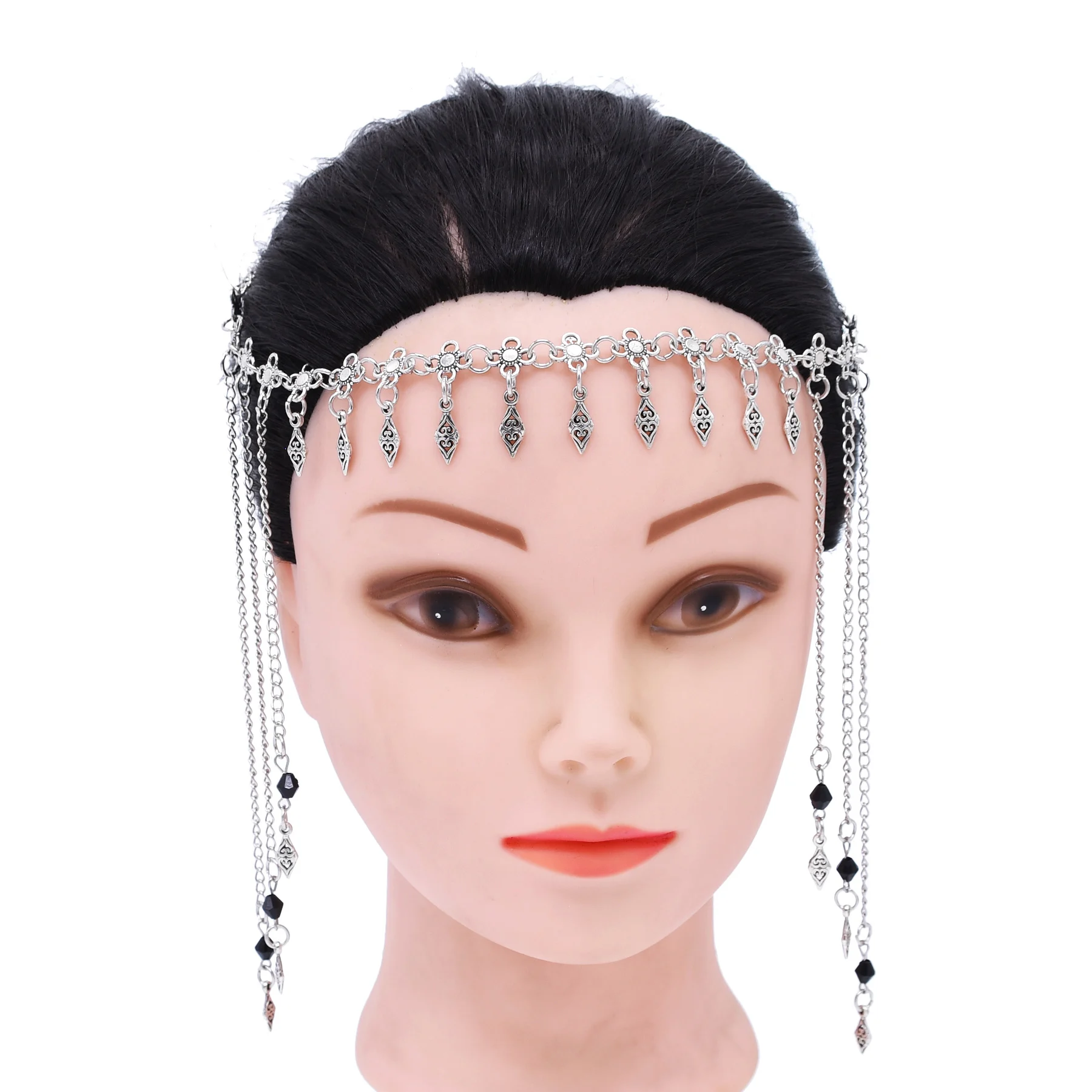 Retro Silvery Alloy Hollow Moon Pendant Forehead Headpiece for Women Boho Ethnic Indian Kurdish Gypsy Hair Accessories Jewelry