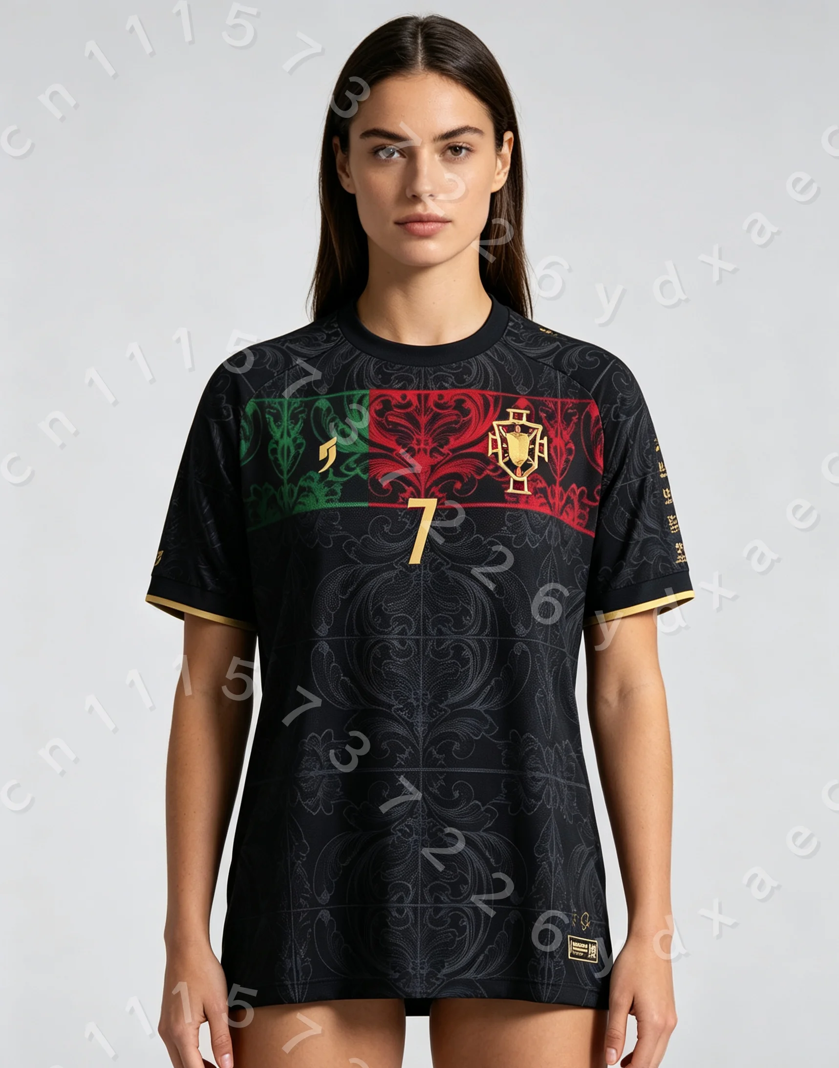 Parent Kid Portugal National Element Soccer Jersey Black Vintage Flora Red Green No.7 Breathable Sports Fan Short Sleeve T-shirt