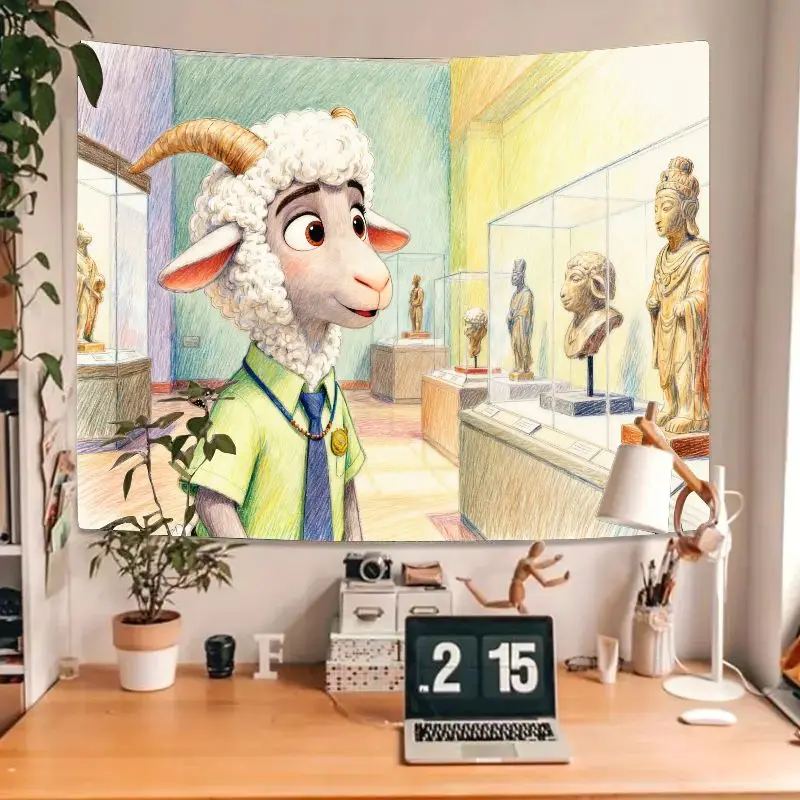 Tapiz del Museo de ovejas Zootopia Bellwether, arte de la pared de dibujos animados, decoración del hogar de poliéster, regalo estético para dormitorio, sala de estar, 1 ud.