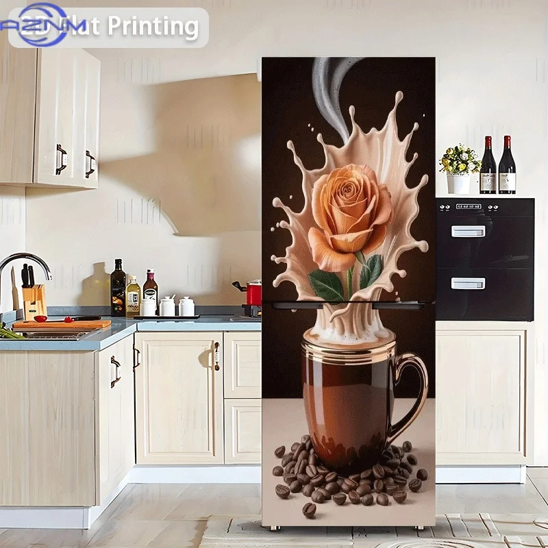 1pc of 2D Flat Design Refrigerator Sticker, Coffee and Rose Fusion Wallpaper, Self-adhesive, Suitable for Cabinets and Wardrob