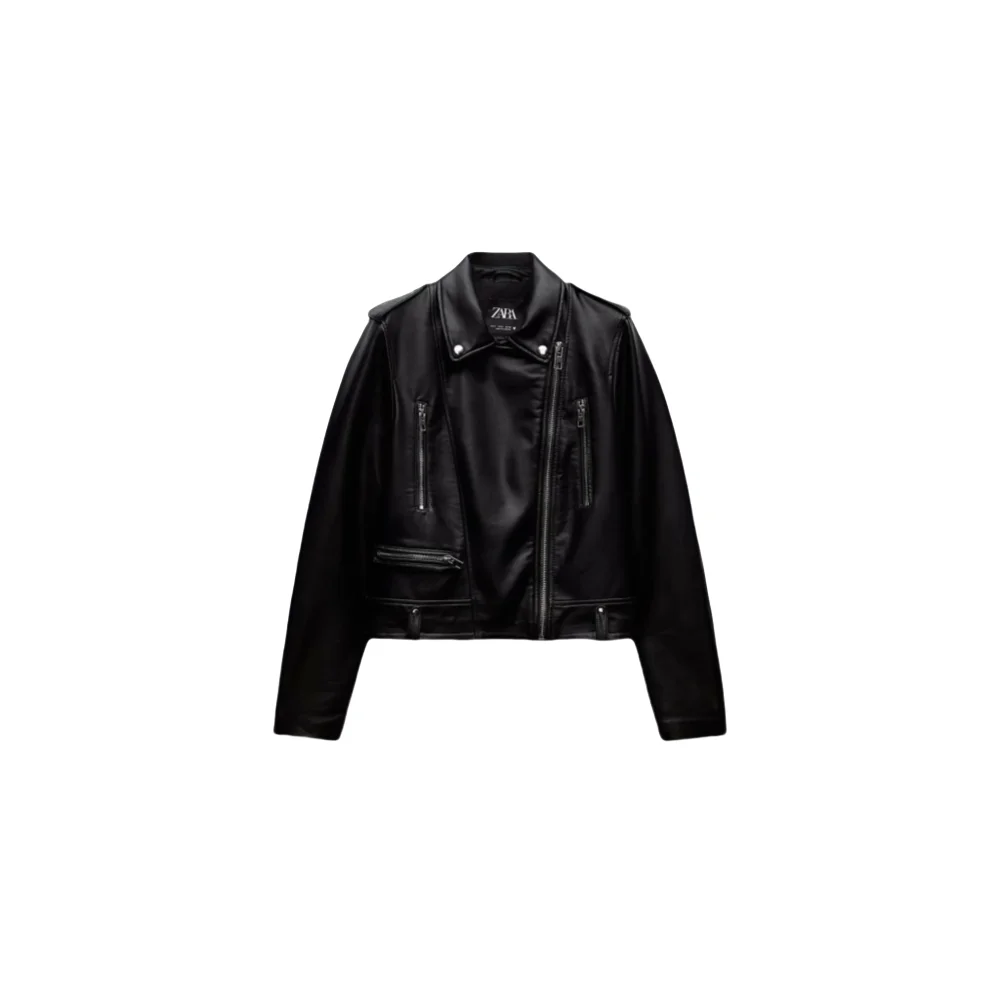 24 Autumn New Women\'s Collar Long Sleeve Zipper Decoration Leather Jacket Imitation Leather Motorcycle Jacket Coat