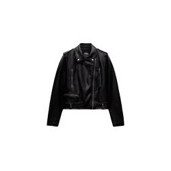 24 Autumn New Women's Collar Long Sleeve Zipper Decoration Leather Jacket Imitation Leather Motorcycle Jacket Coat