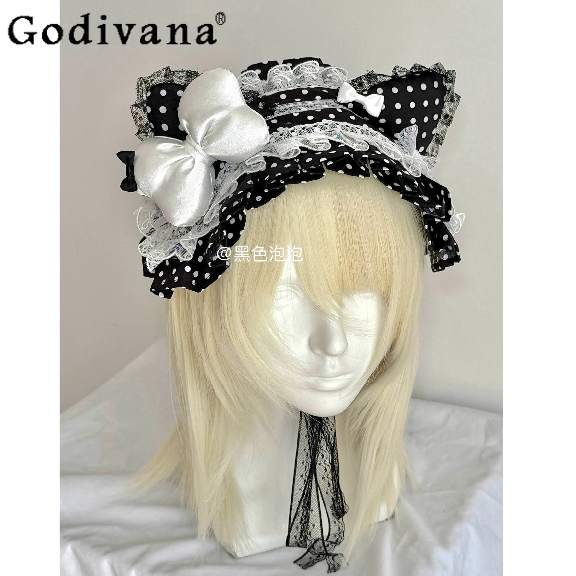 Japanese Original Handmade Lolita Black Polka Dot Cartoon Cat Ear Hairband Headwear Y2K Subculture Sweet Girl Lace Accessories