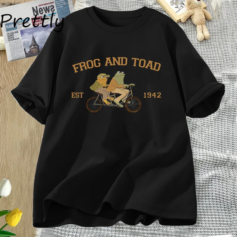 T-shirt Manches Courtes Col Rond pour Homme et Femme, en Coton, Vintage, Classique, avec Graphique de Grenouille et Crapaud