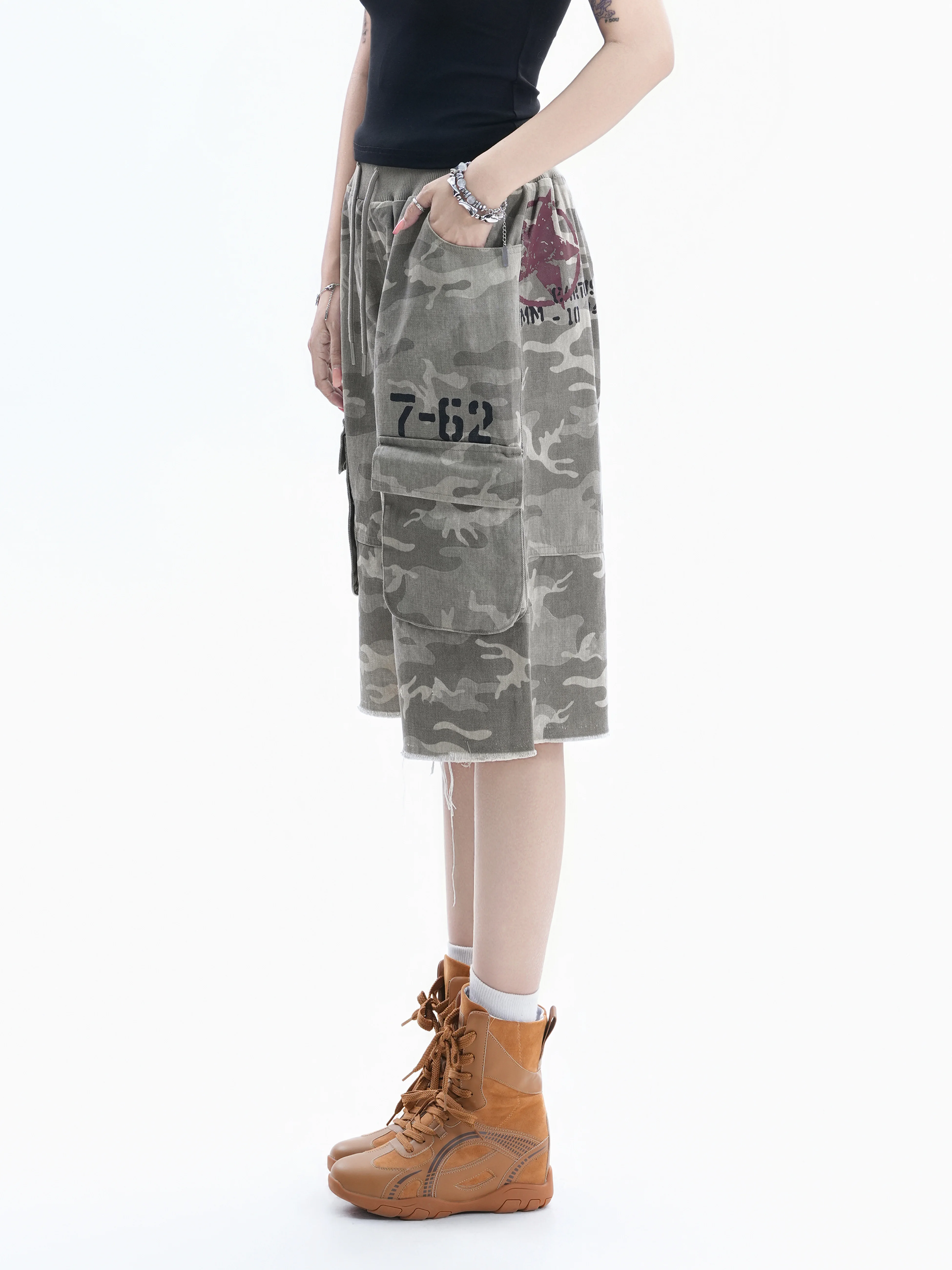 Retro American Camouflage Workwear Seven-Foot Pants Women's Drawstring Faded High Street Couple Wide Leg Medium Pants Trendy