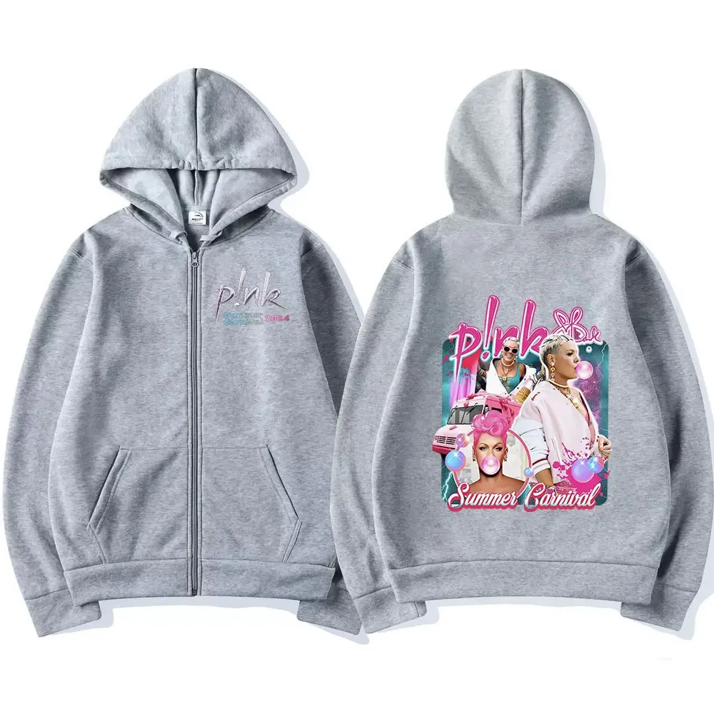 P!nk Pink Singer Summer Carnival 2024 Tour Zipper Hoodies Harajuku Hoodie Men Women Clothing Zip Up Oversized Hooded Sweatshirts