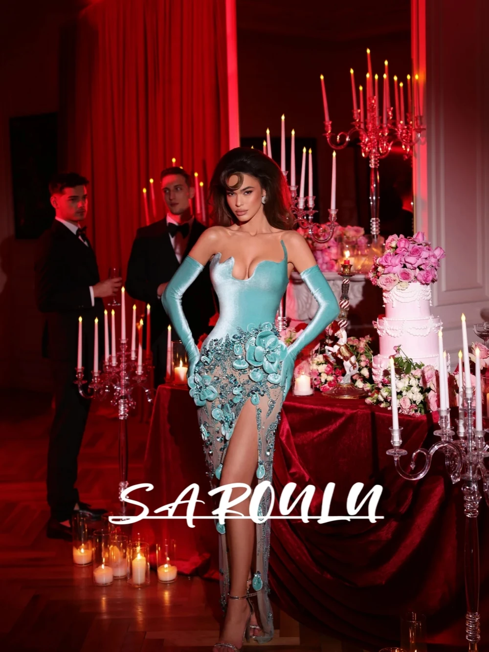 

Aqua Velvet Bodice Straight Evening Dress Unique 3D Flowers Shimmering Cocktail Gown Customized Sexy Thigh Slit Prom No Gloves