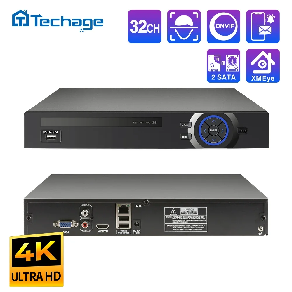 Techage H.265 Ultra HD 4K 8MP 32CH IP NVR Smart AI Support Face/Human/Motion Detection E-mail Alert Support Onvif Protocol P2P